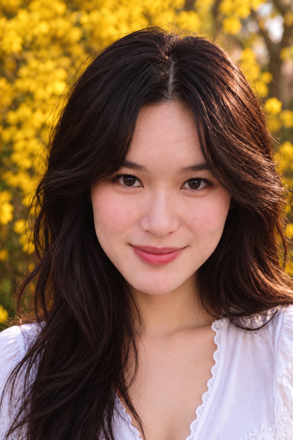 Close-up portrait of Madison Butchko surrounded by yellow blossoms