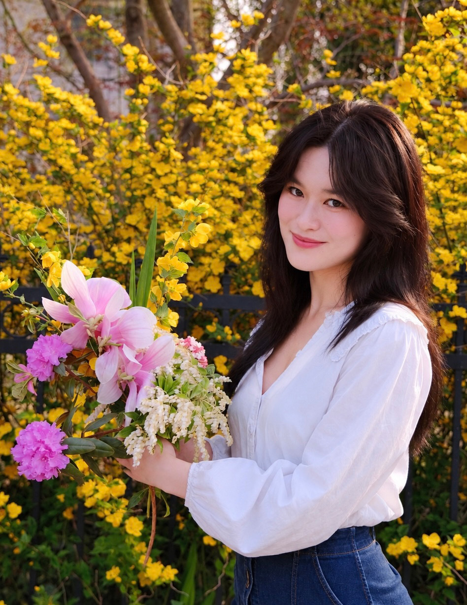 Madison holding pink and white spring flowers in front of yellow blossoms
