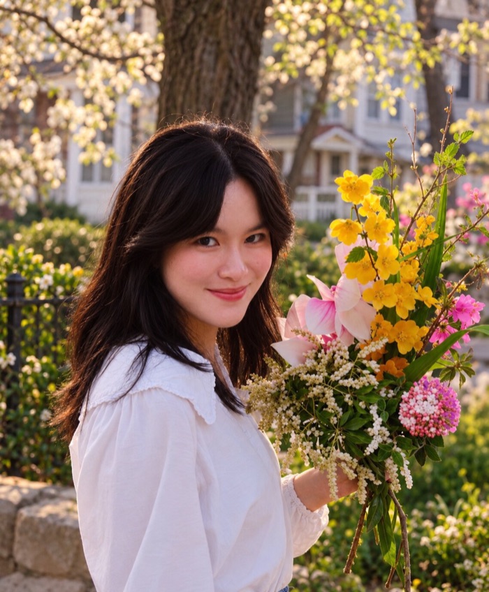 Madison holding a bouquet of spring flowers
